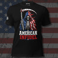 Stars Endure American Infidel skeleton reaper with flag scythe front print black tee from Infidel Collective