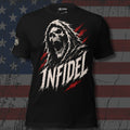 Infidel screaming reaper with red slash marks front print black tee from Infidel Collective