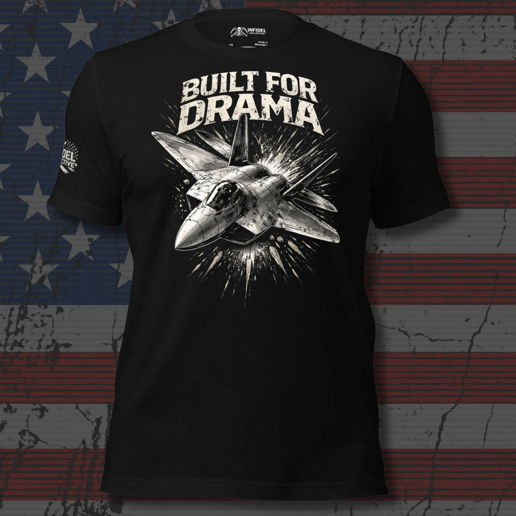 Black t-shirt with fighter jet graphic and 'Built for Drama' text on an American flag background