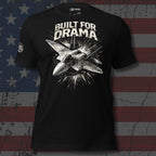 Black t-shirt with fighter jet graphic and 'Built for Drama' text on an American flag background