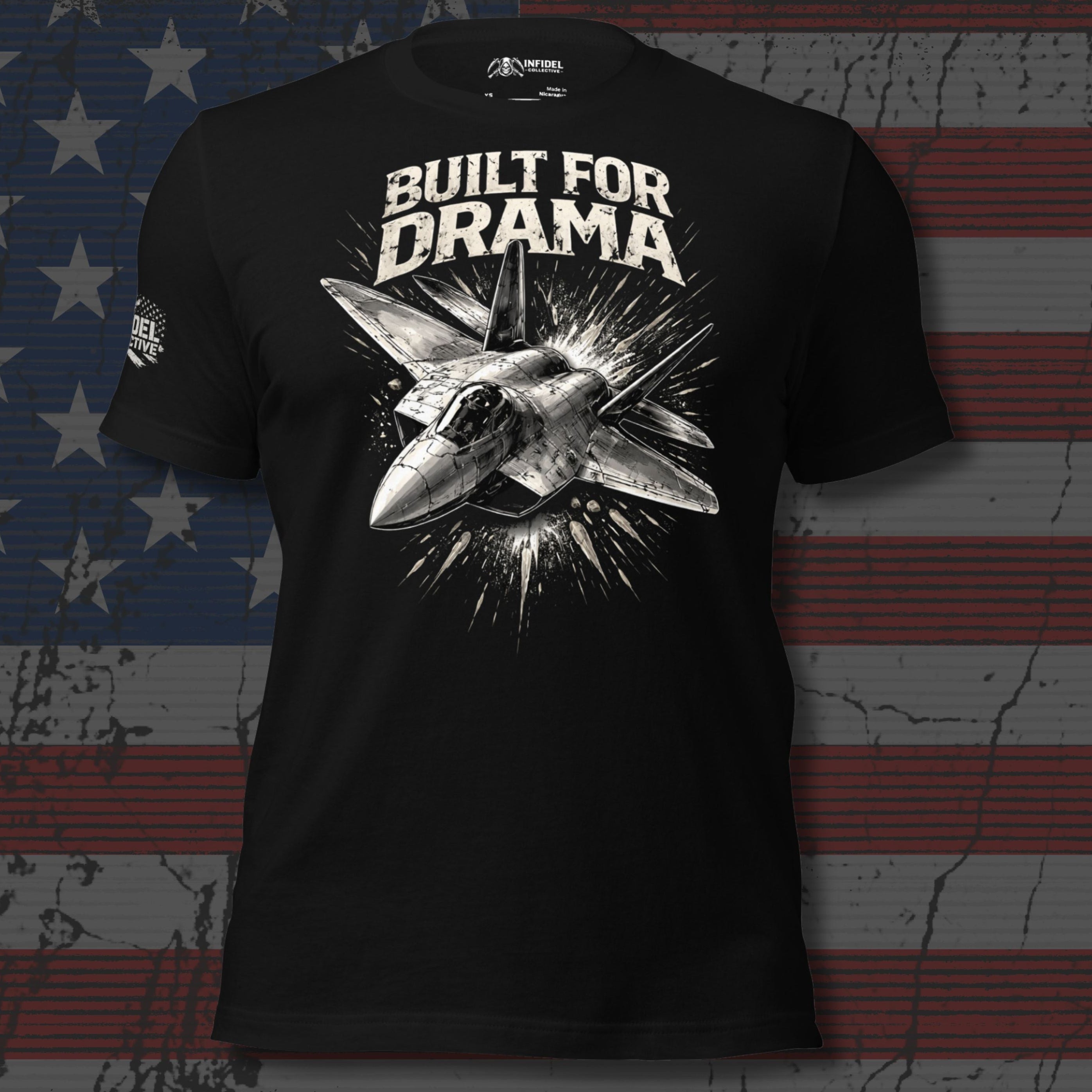 Black t-shirt with fighter jet graphic and 'Built for Drama' text on an American flag background
