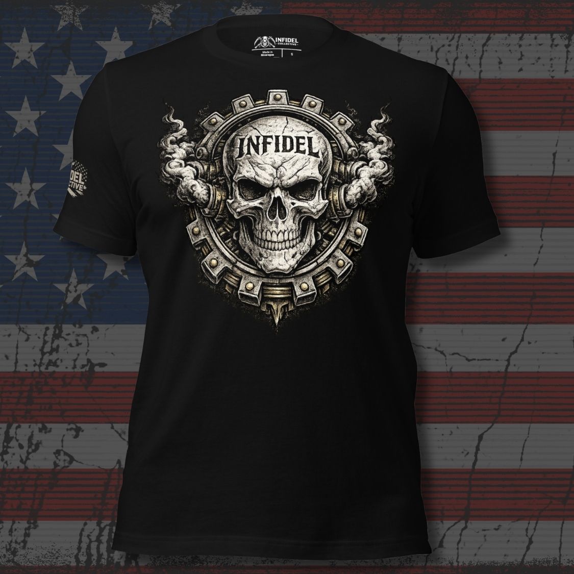 Black t-shirt with skull design and 'Infidel' text on an American flag background