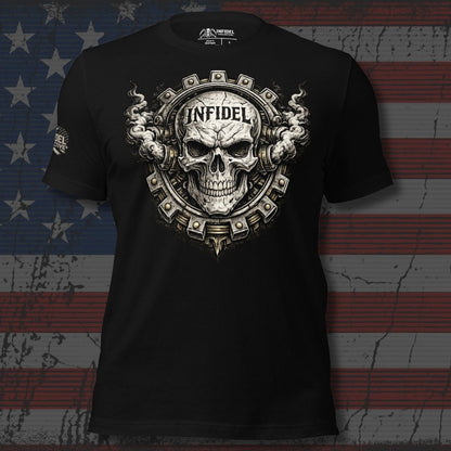 Black t-shirt with skull design and 'Infidel' text on an American flag background