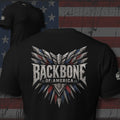 forged steel wing crest with Backbone of America text back print black tee from Infidel Collective