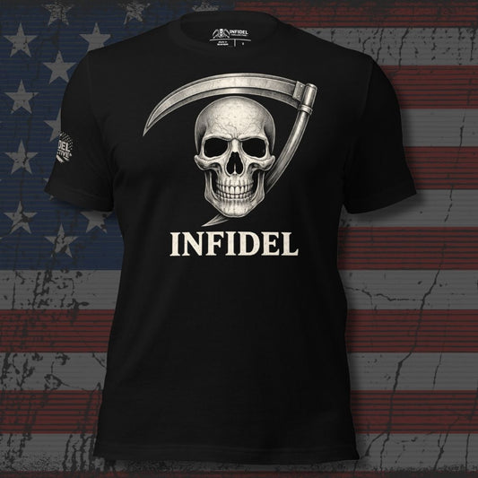 Black t-shirt with skull and scythe design and 'INFIDEL' text on an American flag background
