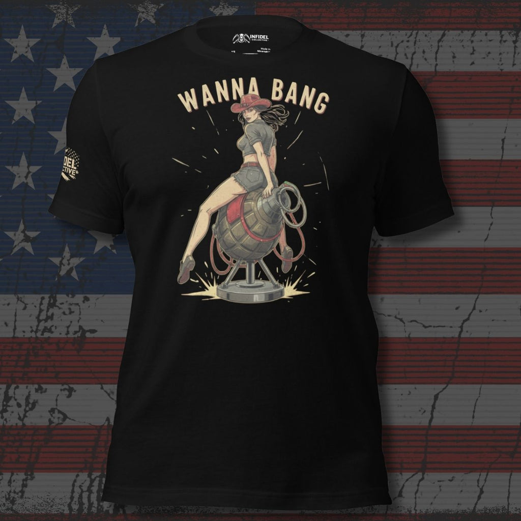 Black t-shirt with graphic design and 'Wanna Bang' text on an American flag background