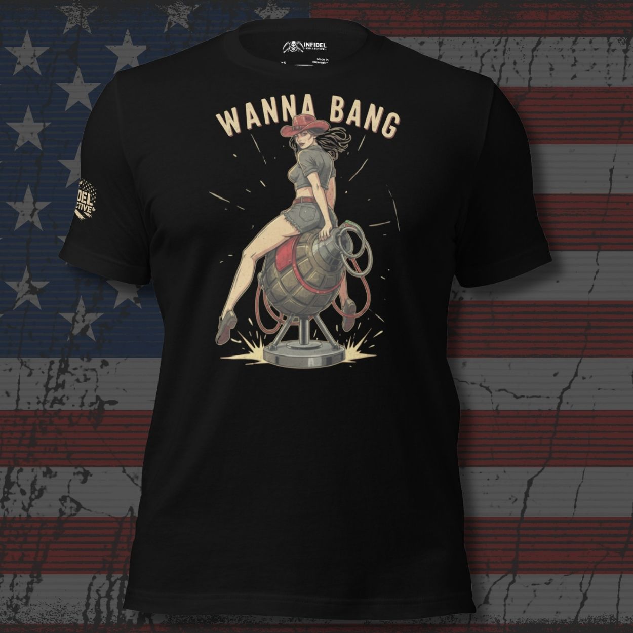 Black t-shirt with graphic design and 'Wanna Bang' text on an American flag background