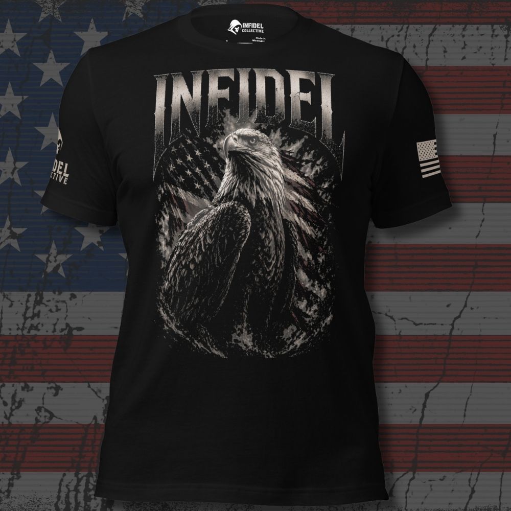 Front view of Black Stoic Infidel Eagle tee.