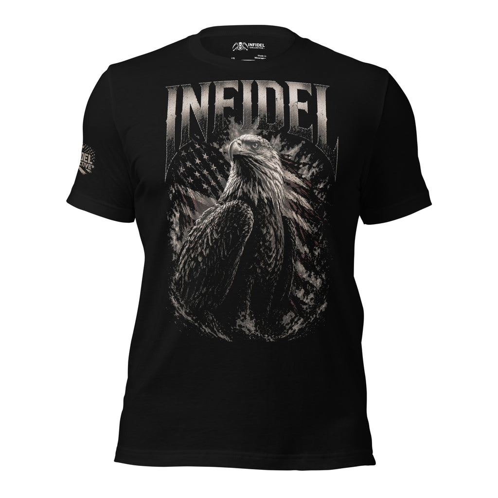 Black t-shirt with USA flag a bald eagle and text 'INFIDEL' on a white background