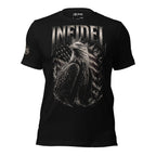 Black t-shirt with USA flag a bald eagle and text 'INFIDEL' on a white background
