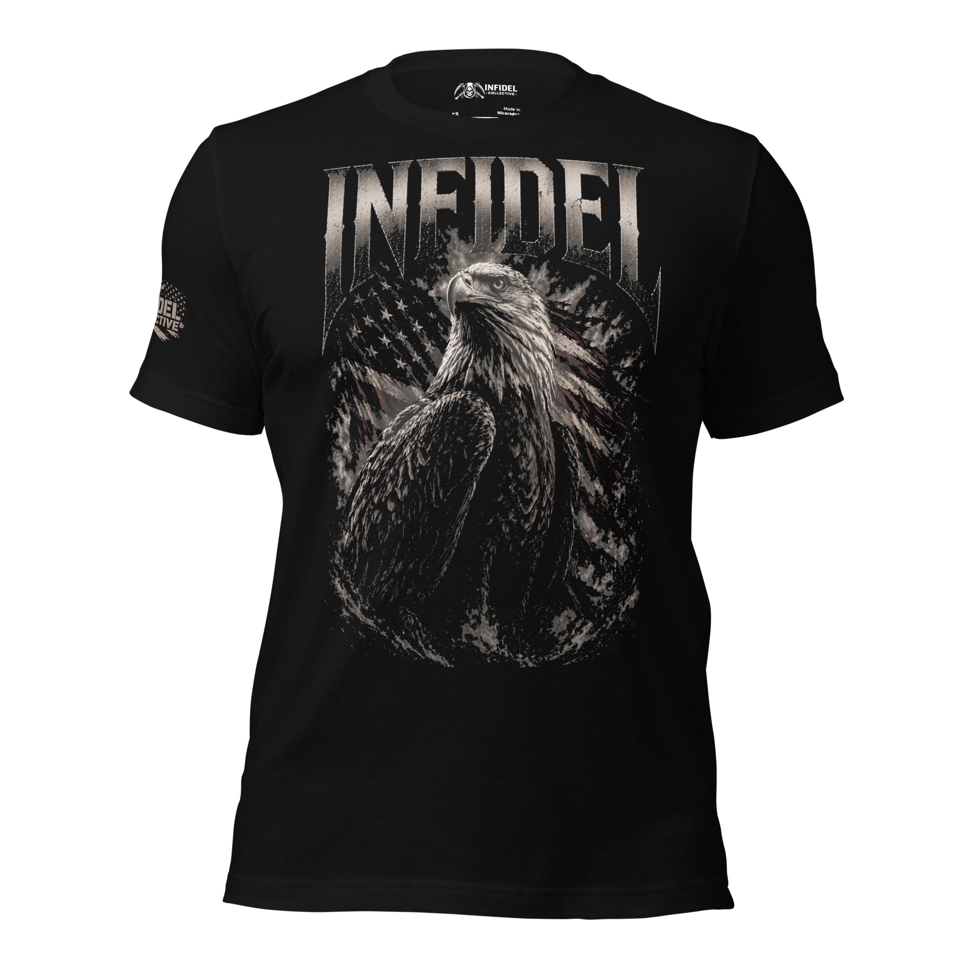Black t-shirt with USA flag a bald eagle and text 'INFIDEL' on a white background