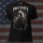 Black t-shirt with eagle design and 'INFIDEL' text against an American flag background