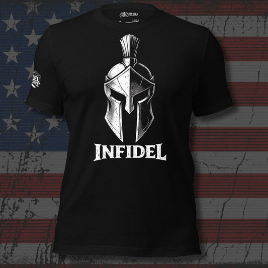 Black t-shirt with Spartan helmet graphic and 'Infidel' text on an American flag background