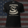 stone-textured Infidel rattlesnake with Shall Not Be Infringed design front print black tee from Infidel Collective