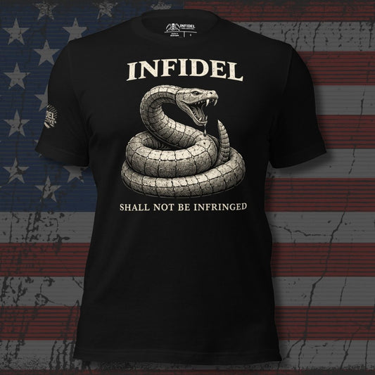 Black t-shirt with snake graphic and text 'Infidel shall not be infringed' on an American flag background
