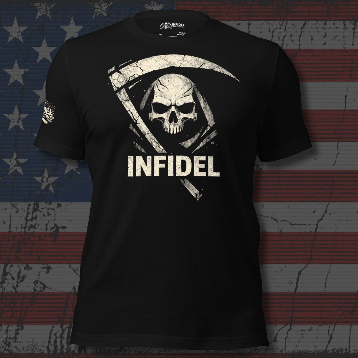 Black t-shirt with skull and crossbones design and 'Infidel' text on an American flag background