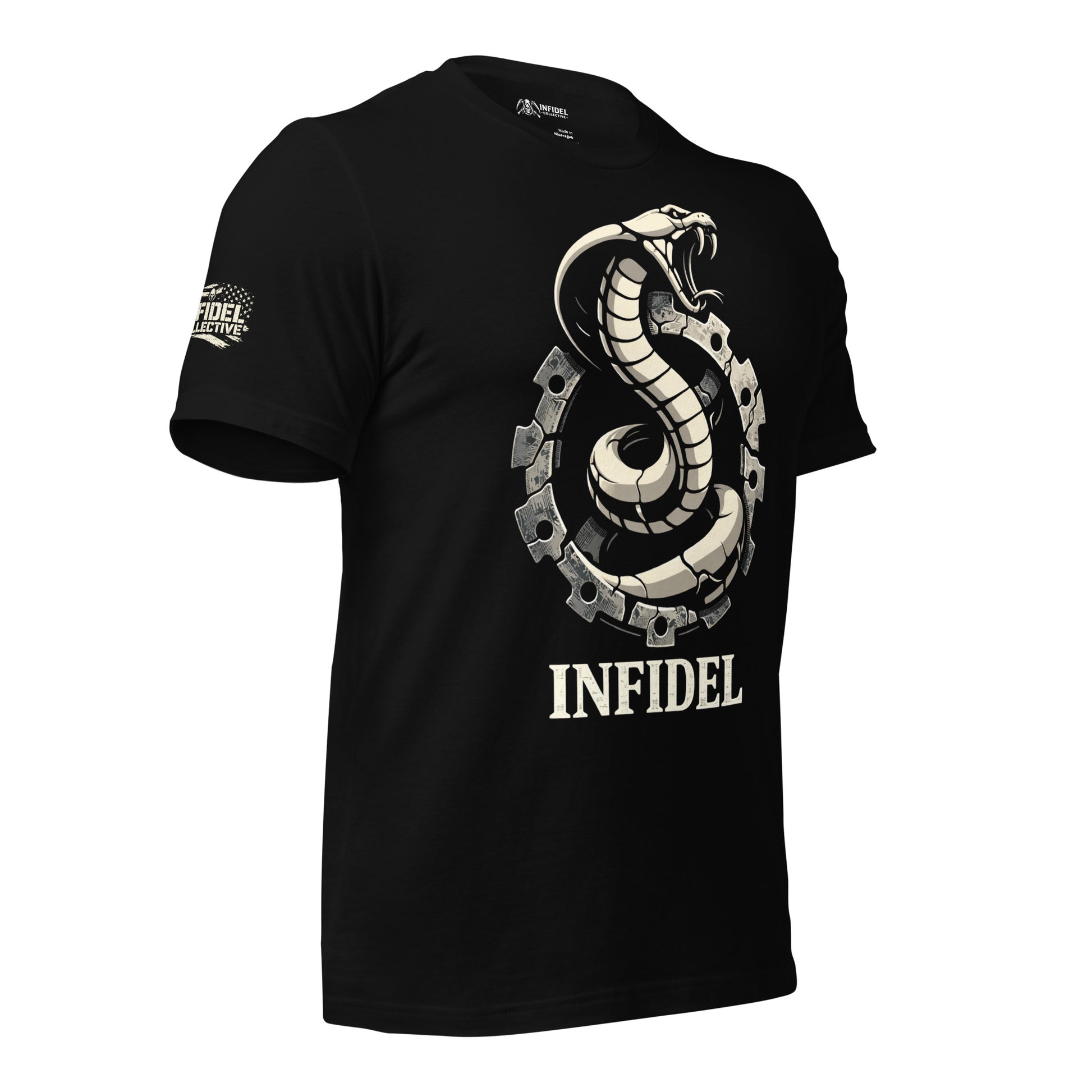 Black t-shirt with snake and gear design and 'Infidel' text on a white background