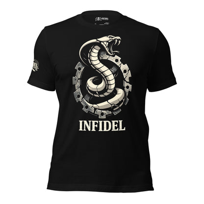 Black t-shirt with snake graphic and 'Infidel' text on a white background