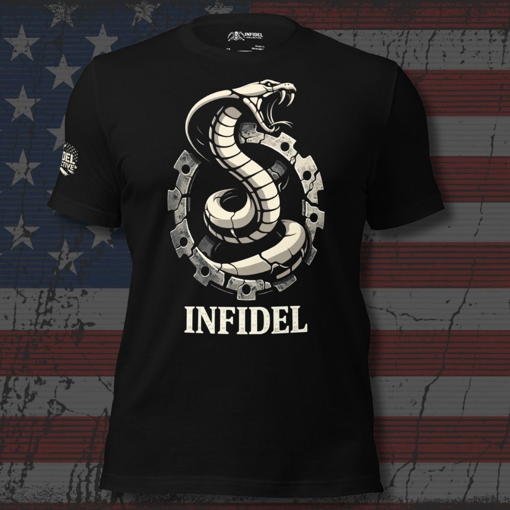 Black t-shirt with snake design and 'INFIDEL' text on a distressed American flag background