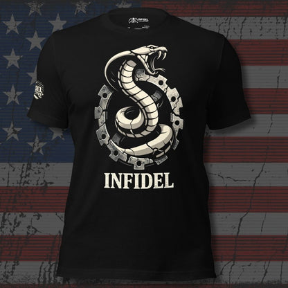 Black t-shirt with snake design and 'INFIDEL' text on a distressed American flag background