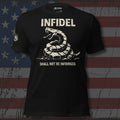 stone-textured Infidel rattlesnake and Shall Not Be Infringed design front print black tee from Infidel Collective
