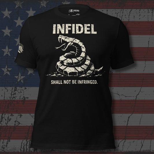 Black t-shirt with snake graphic and text 'INFIDEL SHALL NOT BE INFRINGED.' on an American flag background.