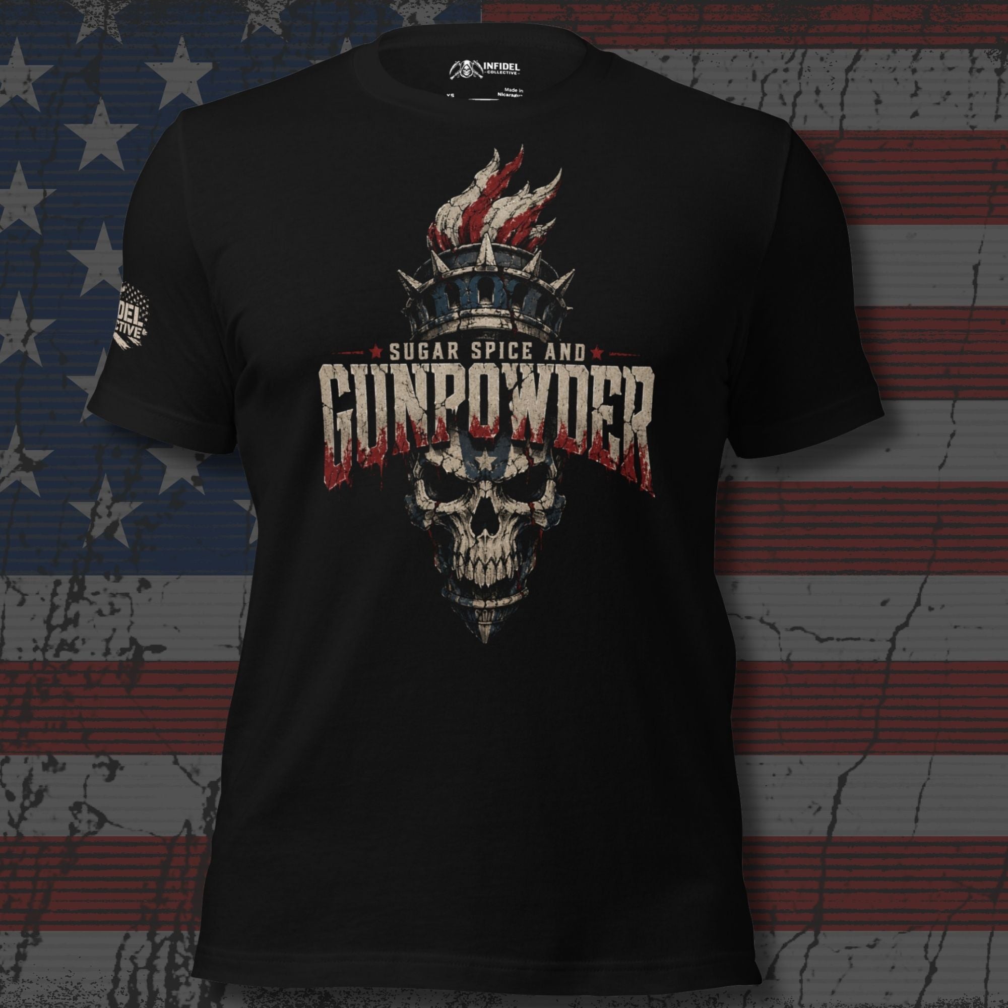Sugar Spice and Gunpowder liberty skull with torch crown front print black tee