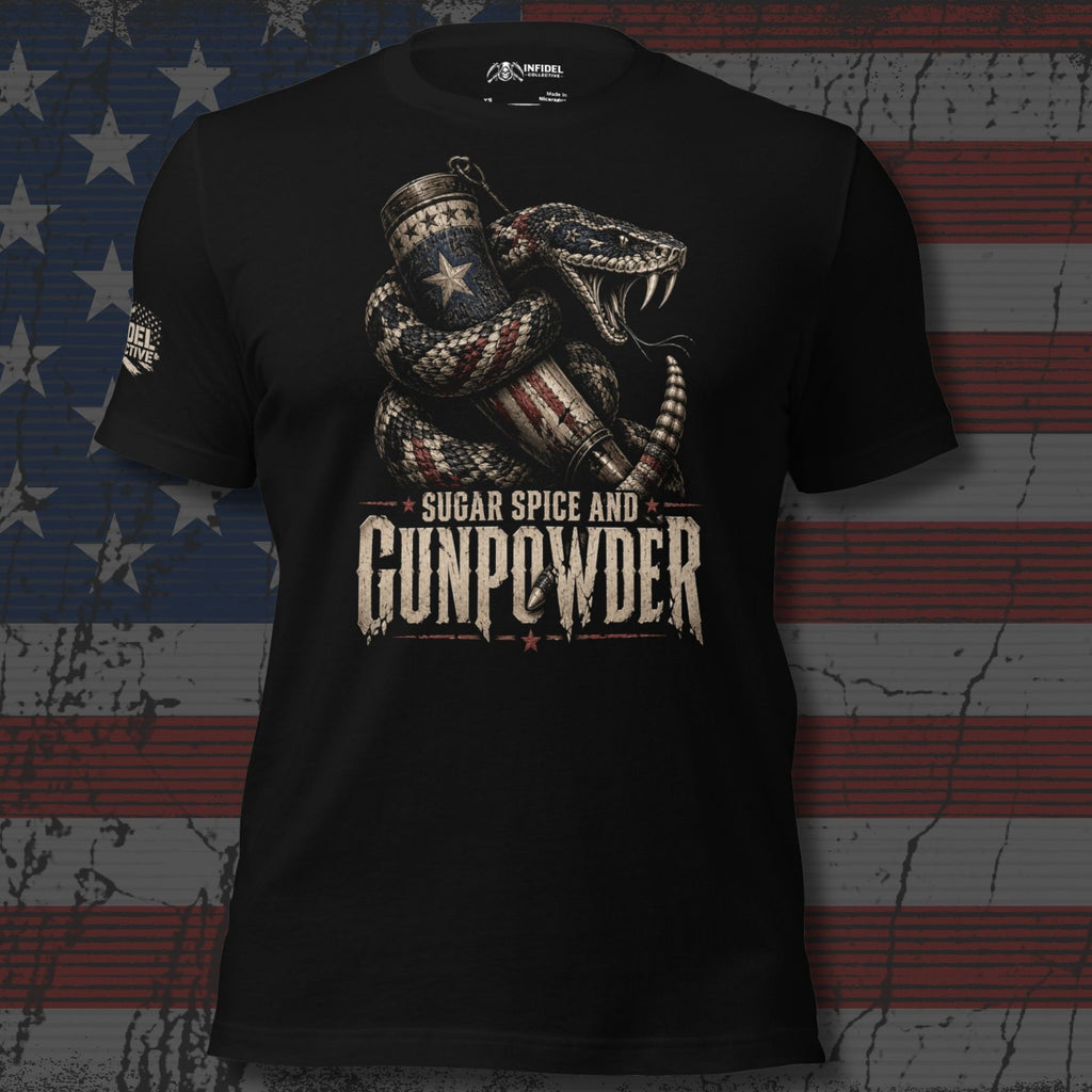 Sugar Spice and Gunpowder rattlesnake wrapped around patriotic shotgun shell front print black tee