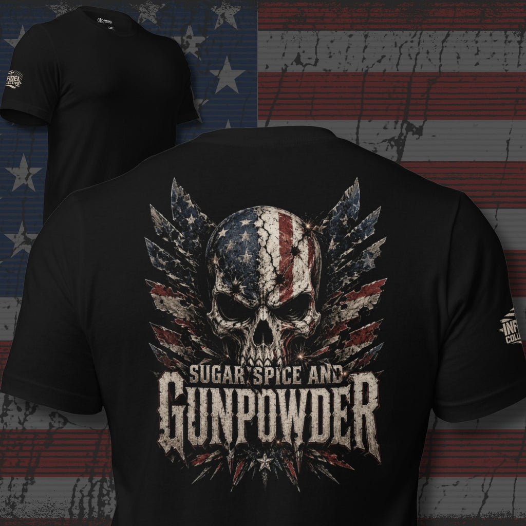 Sugar Spice and Gunpowder American flag skull with distressed wings back print black tee