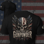 Sugar Spice and Gunpowder American flag skull with distressed wings back print black tee