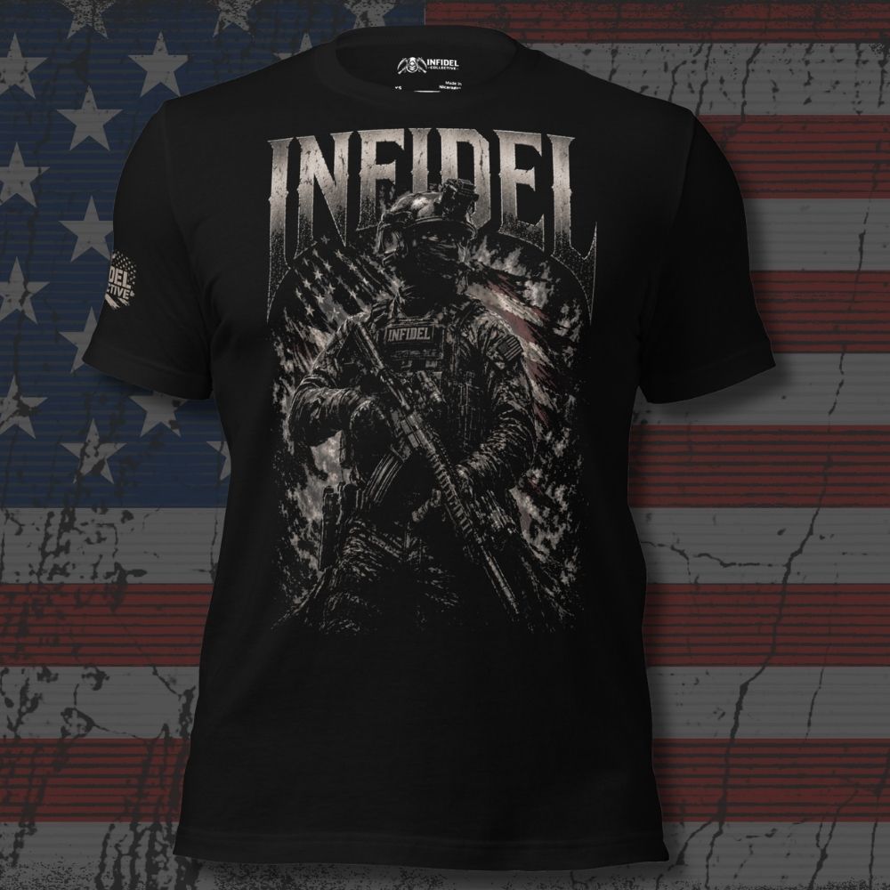 Black t-shirt with graphic design and 'Infidel' text against an American flag background