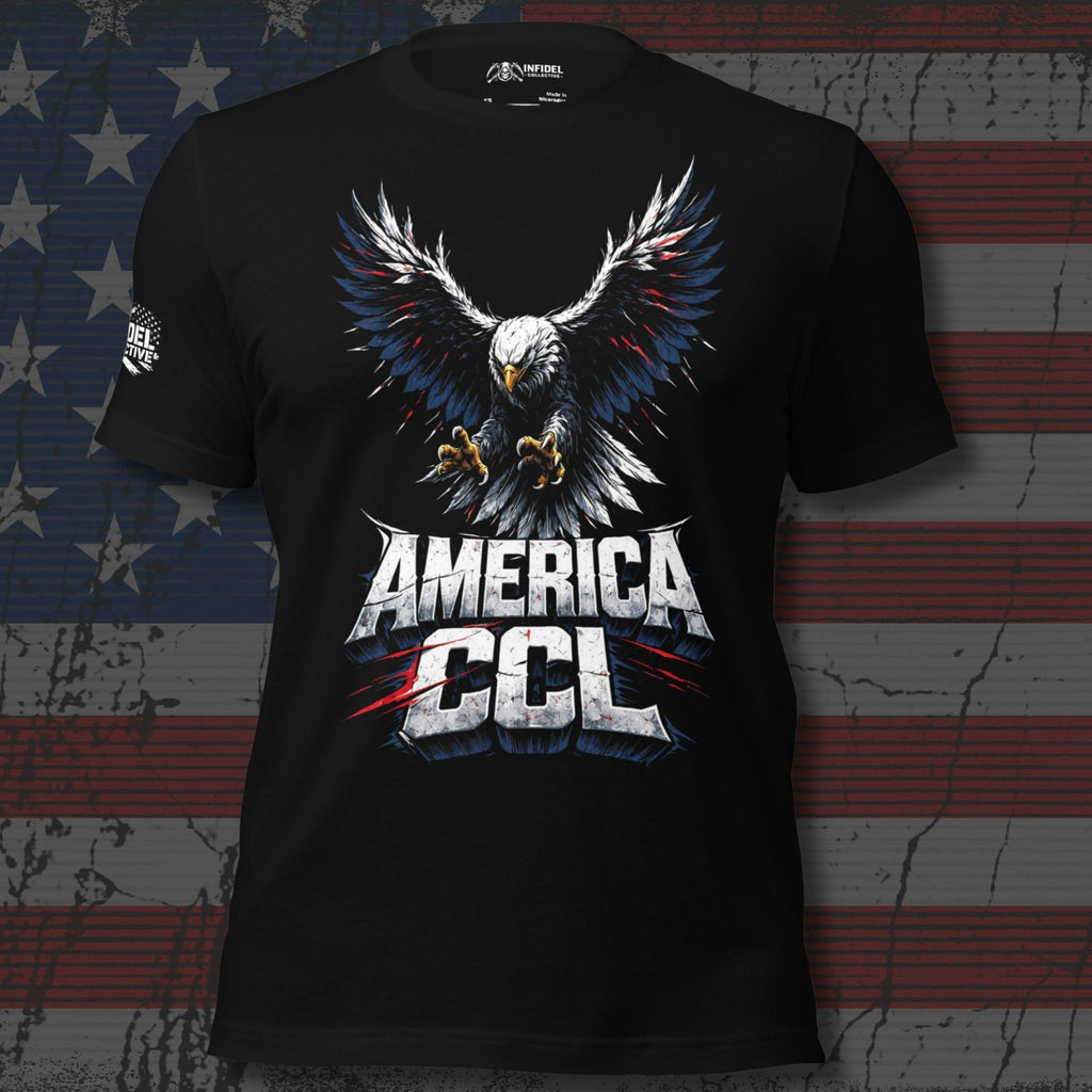 Black t-shirt featuring a diving bald eagle with outstretched wings and extended talons above bold America CCL lettering accented in red, white, and blue