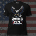 America CCL bald eagle diving with talons out design front print black tee from Infidel Collective