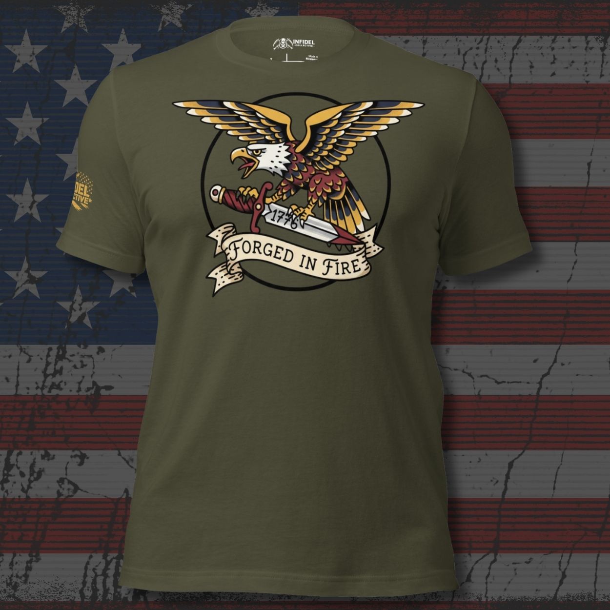 Vintage Forged in Fire eagle graphic green tee from Infidel Collective