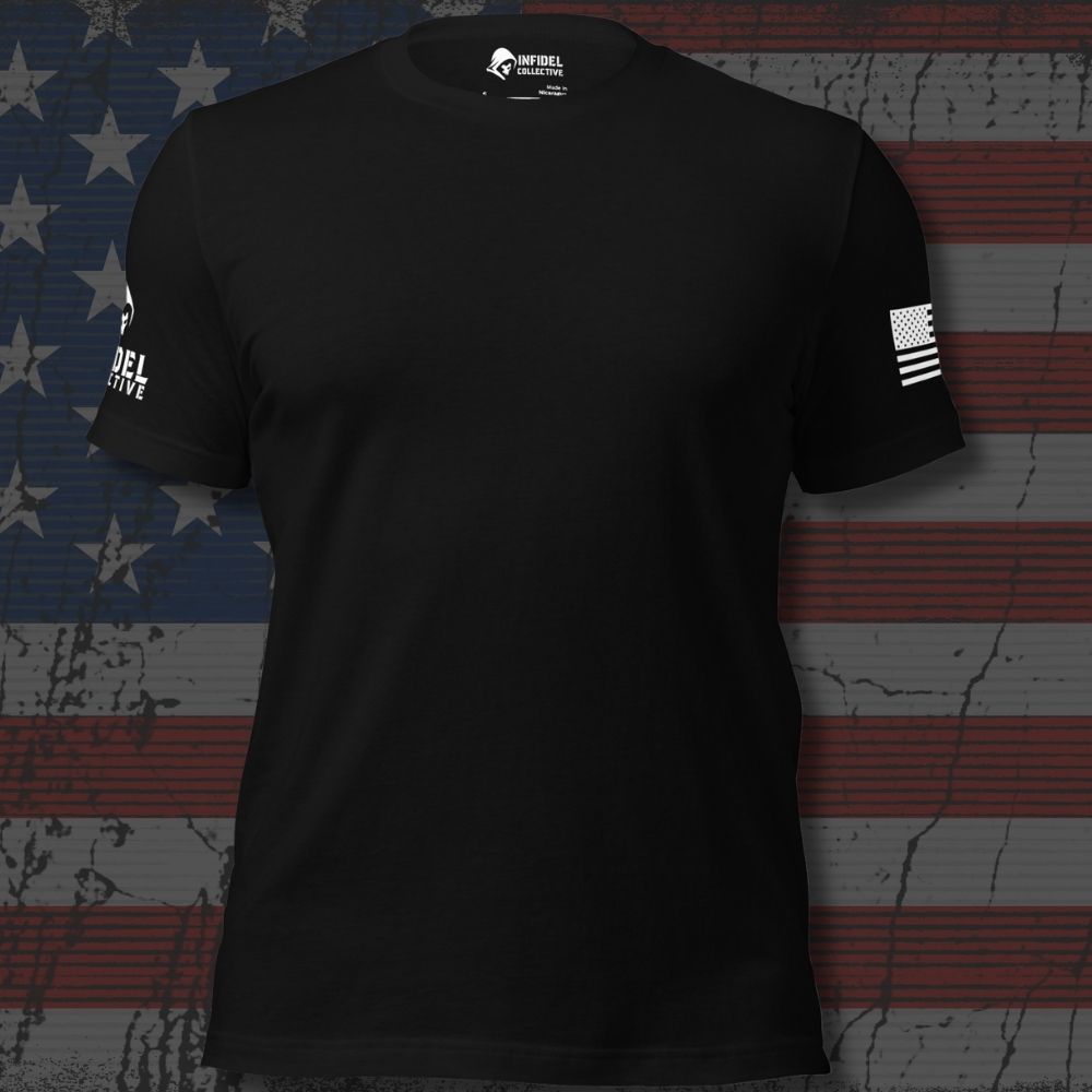 Infidel Collective Tee With Arm Hits in black with clean front and sleeve graphics