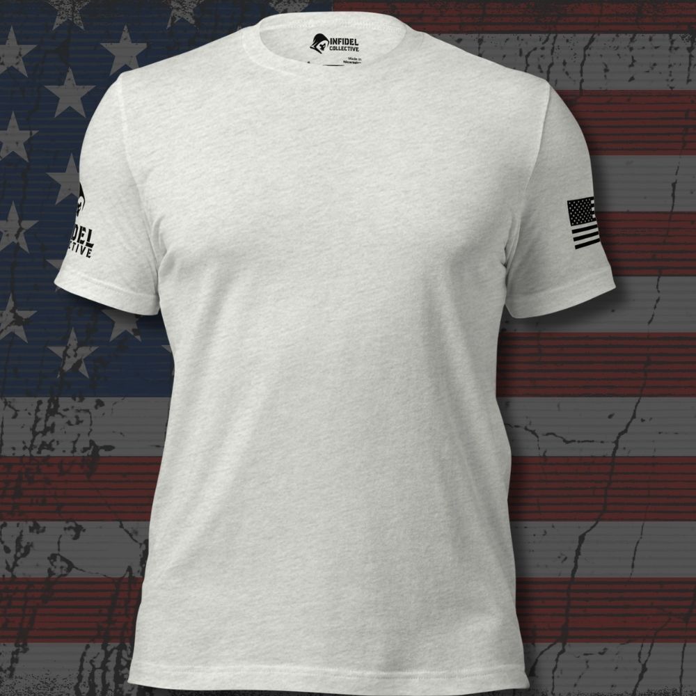Infidel Collective Tee With Arm Hits in gray with clean front and sleeve graphics
