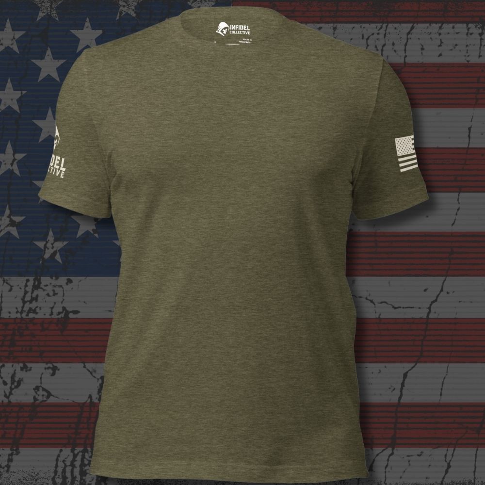 Infidel Collective Tee With Arm Hits in green with clean front and sleeve graphics