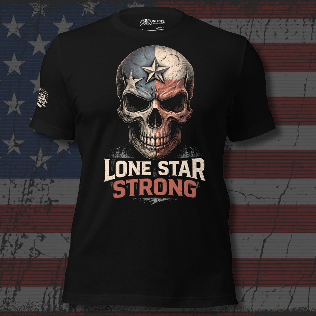 Black t-shirt with skull design and 'Lone Star Strong' text on an American flag background