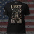 Liberty Has Teeth rattlesnake wrapped around a cracked Liberty Bell design front print black tee from Infidel Collective
