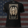The Protectress winged guardian with sword front print black tee from Infidel Collective