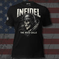 The Road Calls Infidel helmeted biker skull front print black tee from Infidel Collective