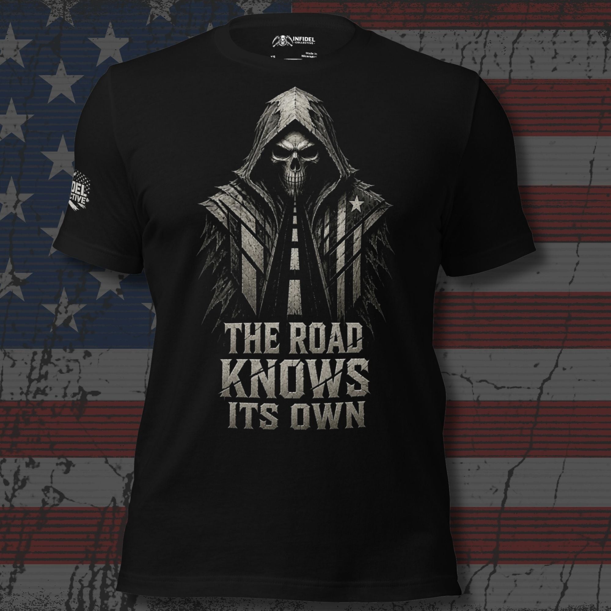 The Road Knows Its Own reaper graphic black tee from Infidel Collective
