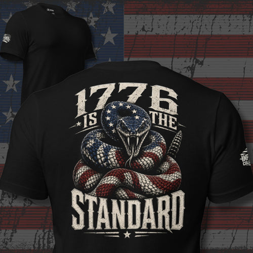 1776 Is the Standard American flag rattlesnake design back print black tee from Infidel Collective