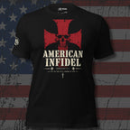 Then Stand patriotic Christian black tee with red cross skull graphic and American Infidel text