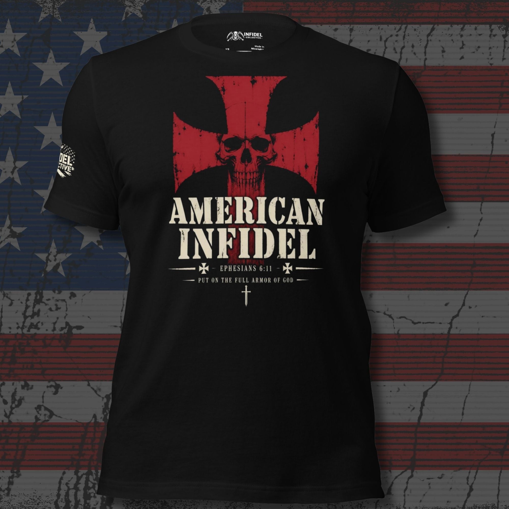 Then Stand patriotic Christian black tee with red cross skull graphic and American Infidel text