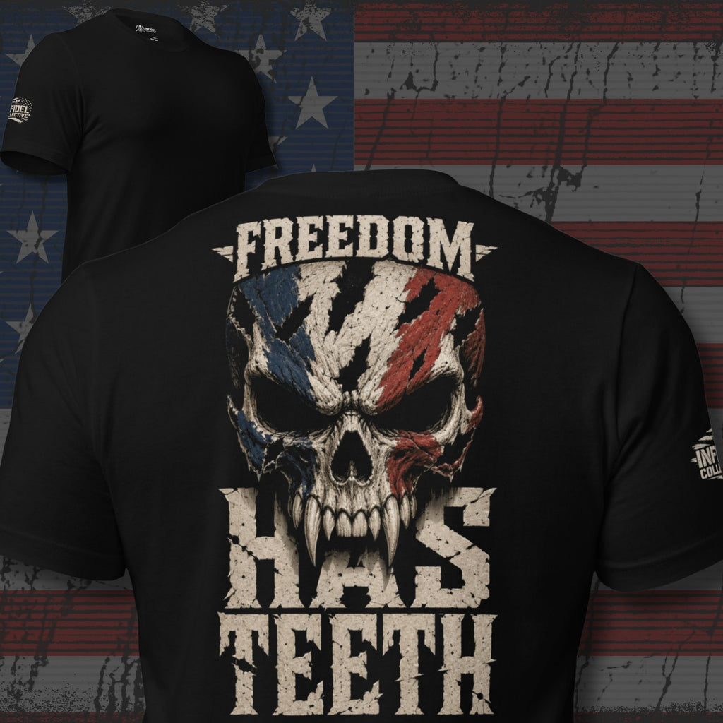 Black t-shirt with a skull design and 'Freedom Has Teeth' text on an American flag background