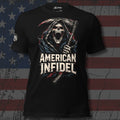 American Infidel hooded reaper carrying a scythe design front print black tee from Infidel Collective