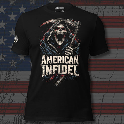 American Infidel hooded reaper carrying a scythe design front print black tee from Infidel Collective