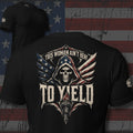 This Woman Ain't Here to Yield American flag reaper back print black tee from Infidel Collective