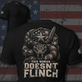 This Woman Doesn't Flinch American flag rattlesnake back print black tee from Infidel Collective